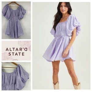 NWT Altar’d State Amabella Puff Sleeve Smocked Waist Lilac Mini Dress Medium